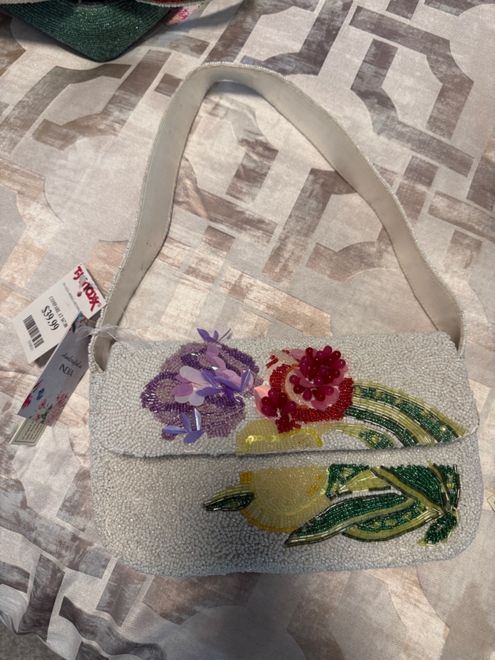 Beaded Floral White Bag